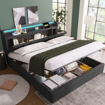 Cama Doble Tapizada Con Cabecero De Almacenamiento, Iluminación Led Y Carga Usb, Somier De Lamas De Madera, 160x200 Cm, Gris