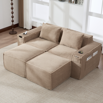 Sofá Modular De 2 Plazas De Terciopelo Acanalado Con 2 Poufs, Portavasos Y Bolsillos Laterales, Resortes Y Espuma De Alta Densidad, Sin Montaje, Ideal Para Salón
