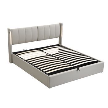 Cama Con Canapé Tapizada En Piel Sintética 160x200cm Con Puerto Usb Y Led Cabecero De Ángulo Ajustable Gris
