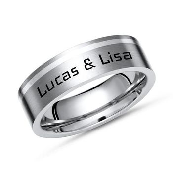 Anillo de titanio mate grabación láser incrustación de plata
