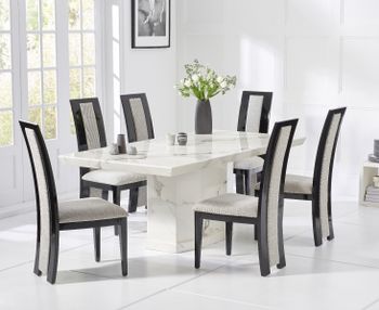 Carvelle 200cm White Pedestal Marble Dining Table with Raphael Chairs