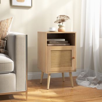 Mesa Auxiliar | Mesa De Centro Con Estante Abierto Y Puerta De Ratán Pe 40x39x70cm Natural Para Dormitorio Sala De Estar