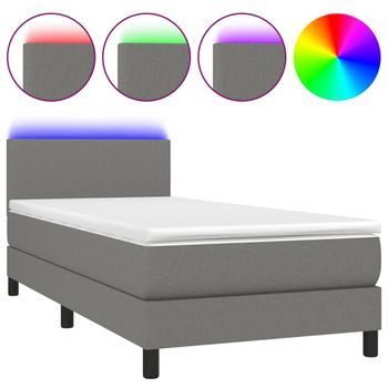 Cama Individual | Cama Para Adultos | Cama Box Spring Con Colchón Y Led Tela Gris Oscuro 90x190 Cm