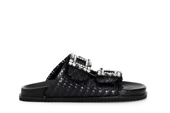 zapatilla de piel trenzada con hebilla de doble joya black