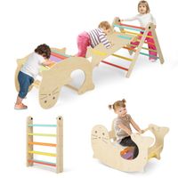costway set de 7 en 1 escalada de madera plegable para ninos de 3-14 anos con rampa reversible balancin escalador de leones marinos