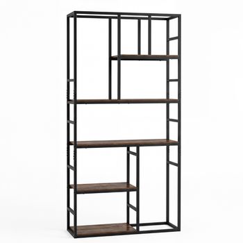 Costway Estantería Alta 180cm 5 Niveles Geometría Moderna Estructura Metálica Organizador Sala Oficina Dormitorio Negro+Marrón Rústico