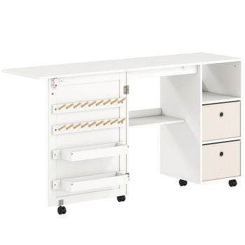 HOMCOM Mesa de Costura Plegable con 6 Ruedas 18 Clavijas para Hilos Mesa auxiliar con 2 Cajones de Tela y 3 Compartimentos Blanco   Aosom España