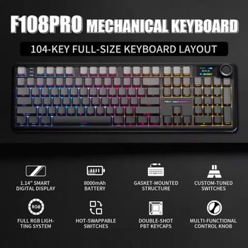 Teclado Mecánico para Juegos AULA F108 Pro, Tri-Modo, Personalizable, con Múltiples Perillas, Pantalla RGB, Inalámbrico para Esports, con Pantalla Inteligente TFT