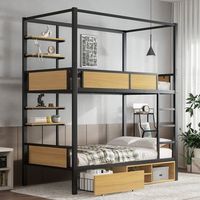 cama superpuesta de hierro y mdf con estantes laterales almacenamiento debajo de la cama y cortina negro y natural 90x200 cm