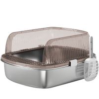 pawhut arenero para gatos cubierto cerrado con bandeja de acero inoxidable bordes altos pala y zona para caida de arena gris