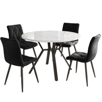 Conjunto De Comedor: Mesa Redonda De 100 Cm Efecto Mármol Y 4 Sillas Negras