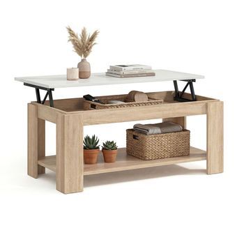 Mesa De Centro Elevable Con Almacenaje 102x43-54 Cm Lya Roble Canadian - Blanco Artik (blanco Mate) 50 X 54 X 50 Cm