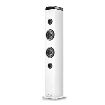 Experience immersive sound with the ngs skycharm pro white bluetooth 5.4 portable speaker, featuring 50w power, aluminum casing, karaoke function, usb aux input, and remote control, ideal for home and