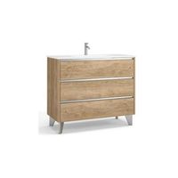 mueble de bano al suelo con lavabo ceramico  3 cajones con cierre amortiguado y organizador  80 cm - roble natural - cromo brillo