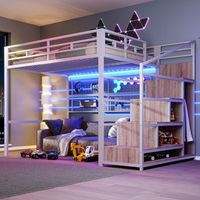 cama alta de 140 x 200 cm con rejilla escalera de almacenaje y armario abierto - led - metal y mdf - blanco sin colchon