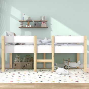 Cama Media Altura Para Niños 90 X 190 Cm - Madera Maciza De Pino - Somier Incluido - Blanco