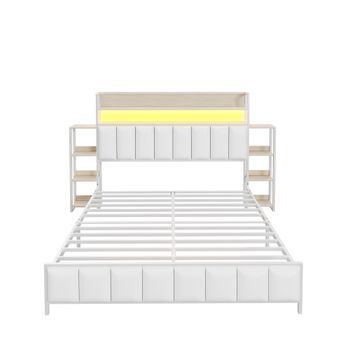 Cama Tapizada 160 X 200 Cm - Polipiel Y Metal - Cabecero Con Almacenaje Y Led - Blanco (sin Colchón)
