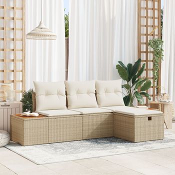 Juego De Sofás De Jardín De 4 Piezas Con Cojines Beige Ratán Poliéster V8215 Unico / Beige