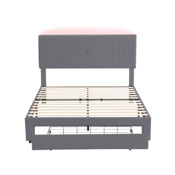 Cama De 140x200 Cm, Cama Matrimonial Con Bandeja De Luz Led, Puerto Usb, Respaldo Acolchado Y Gran Cajón, Tela De Seda Suave Y Cómoda, Estructura De Acero Estable, Para Adultos Y Adolescentes, Gris