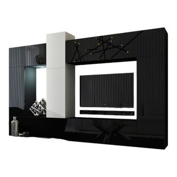 Conjunto De Muebles De Salón Negro Y Blanco Colgantes Colección Cepto Xxii. 273cm, 10 Muebles, Leds, Modulares.