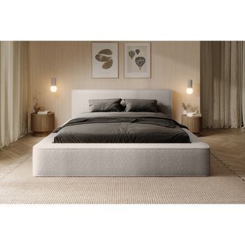 Lit Coffre Denali – Beige Polvoriento Rizado – 180x200 Cm – Tela De Terciopelo Suave – Somier Elevable – Almacenamiento Integrado