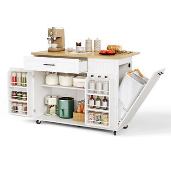 Isla De Cocina Móvil De Mdf Con Encimera Extensible, Cajón Amplio, Compartimento Oculto Para Cubo De Basura Y Ruedas Frenables，blanco