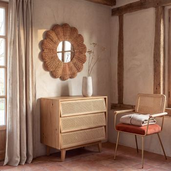 Cómoda de 3 cajones de pino y ratán de 80 cm