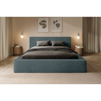 Cama Con Canapé Denali – Verde Esmeralda – 180x200 Cm – Tela Terciopelo Suave – Somier Elevable – Almacenamiento Integrado