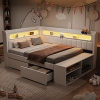 cama de 90 x 200 cm con led y puerto usb 2 cajones  banco para zapatos - mdf contrachapado y lino - 12 lamas - blanco