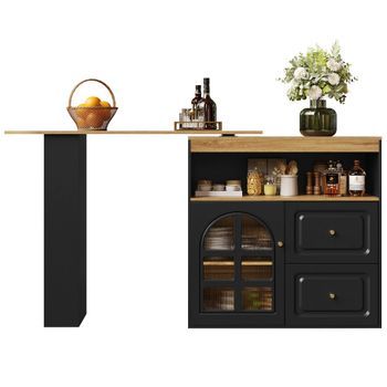Mueble Bar Extensible De 138 A 204 Cm, Giratorio 360°, Negro De Mdf