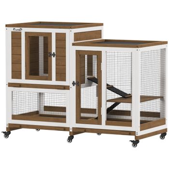 PawHut Conejera de Madera de 2 Niveles Jaula para Conejos con Ruedas Escaleras y Bandejas Extraíbles 110x50x86 cm Marrón