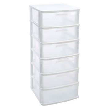 Cajonera De Almacenaje Sena Con 6 Cajones Opacos, Plástico, Torre De Ordenación Multiusos, Hogar, 96,5 X 40 X 39 Cm, Blanco - Tradineur
