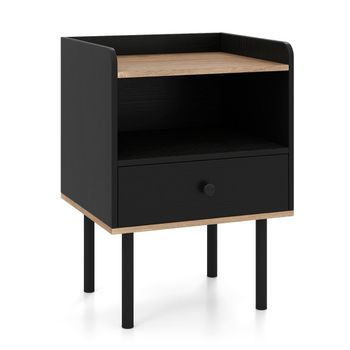 Costway Mesita de Noche con Cajón y Estante Abierto Patas de Metal Mesa Auxiliar Compacta para Salón o Dormitorio Negro