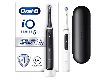 Cepillo eléctrico - Oral-B iO 5S, Pack Doble, 2 Cabezales, Con App, estuche de viaje, Blanco y Negro,