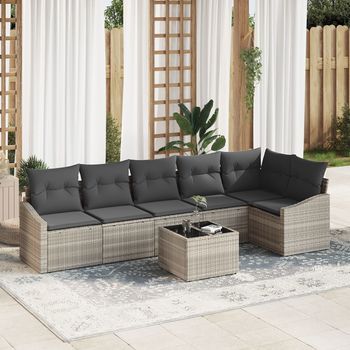 Conjunto De Sofás De Jardín De 7 Piezas Con Cojines Gris Poliratán V3383 Unico / Beige
