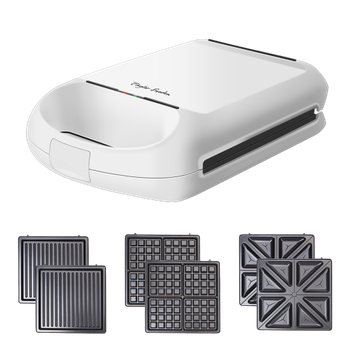 Taylor Swoden Manor - Sandwichera Fiesta 3 en 1, con Capacidad Para 4 Sándwiches, 1200 W, 3 Placas Extraíbles: Sándwiches, Gofres y Grill, Revestimiento Antiadherente, Cocción con Giro de 180º. Blanco-Manor