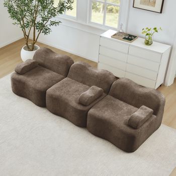 Sofá Modular De 3 Plazas Marrón De Terciopelo, Espuma 32d Y Asiento Extra Profundo