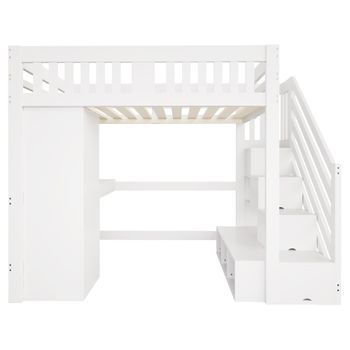 Cama Alta 140 X 200 Cm - Escalera Con Almacenamiento, Escritorio Con Enchufe, Luz Led Multicolor, Armario Individual, Banco Con Almacenamiento, Barandilla Alta - Blanco