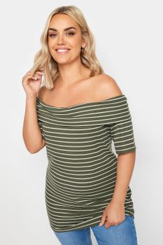 Yours Top Bardot Verde De Rayas, Mujer Curvy Y Tallas Grandes, Yours