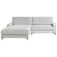 sofa esquinero moderno derecho tapizado en tela respaldo acabado en poliester patas de metal negro chenilla gris claro maloy