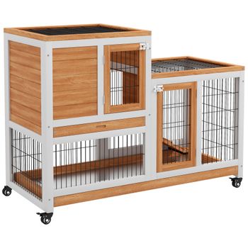 PawHut Conejera de Madera de 2 Niveles Jaula para Conejos con Ruedas Rampa y Bandejas Extraíbles 110x50x88cm Natural