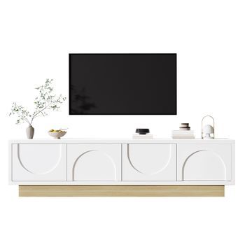 Mueble De Tv Blanco De 175 Cm Con Diseño Curvo, Cuatro Puertas Y Base Efecto Madera