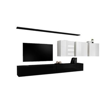 Conjunto De Muebles Para Salón Switch Vii - Negro Y Blanco Brillante - Diseño Moderno Y Suspendido