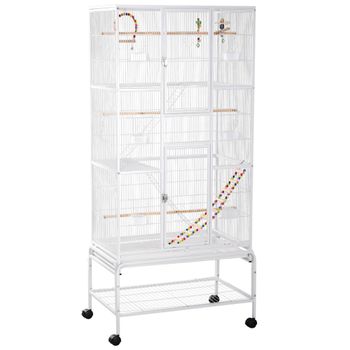 PawHut Jaula para Pájaros con Ruedas con Comederos Perchas Columpio Estante y Bandeja Extraíble 83x53x180 cm Blanco