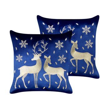Conjunto De 2 Cojines De Tela De Terciopelo Con Motivo Navideño Renos Azul 45 X 45 Cm Merengue