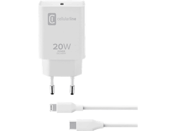 Cargador móvil - CellularLine Charger Kit, 20 W, para Apple iPhone y iPad, Cable USB C a Lightning, 100 cm, Blanco