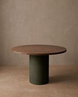 mesa comedor redonda madera marron oscuro y microcemento verde 100cm