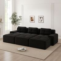 canape de esquina modular en terciopelo acanalado con funcion sueno y 3 poufs 3 plazas negro