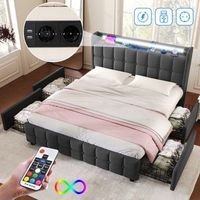cama tapizada 180x200 gris cabecera con led y tomas usb europeas 4 cajones corredizos con bloqueo estructura de metal capacidad de carga 270 kg