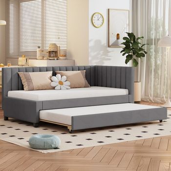 Cama Tapizada Sofá-cama Extensible Multifuncional Con Somier De Lamas, Terciopelo Gris, Para Niño/adolescente/invitado